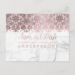 PixDezines Faux Rose Gold/Lace+Marble/Save Date Announcement Postcard