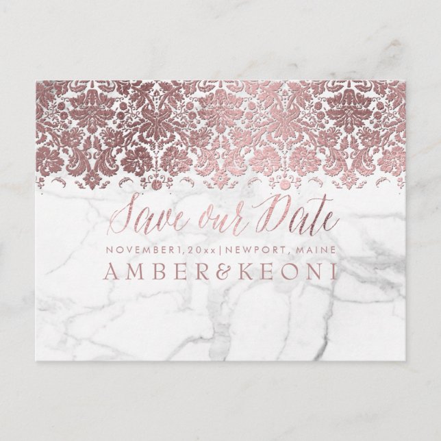 PixDezines Faux Rose Gold/Lace+Marble/Save Date Announcement Postcard (Front)