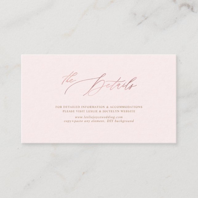 PixDezines Faux Rose Gold Luxe Calligraphy Details Enclosure Card (Front)