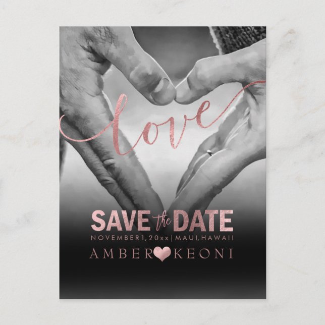 PixDezines Faux Rose Gold Save the Date/Heart Announcement Postcard (Front)