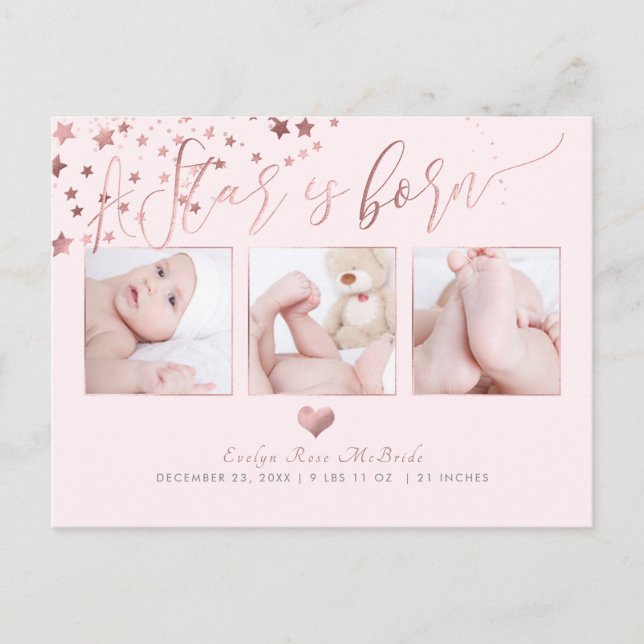 PixDezines Faux Rose Gold Stars/Birth Announce Announcement Postcard (Front)