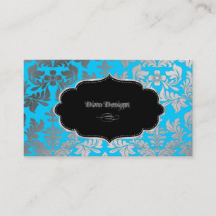 PixDezines Faux silver baroque damask aqua blue Business Card