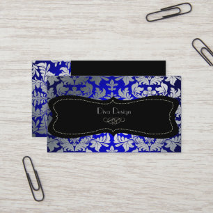 PixDezines faux silver baroque damask blue/black Business Card