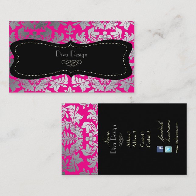 PixDezines FAUX SILVER BAROQUE DAMASK/DIY colour Business Card (Front/Back)
