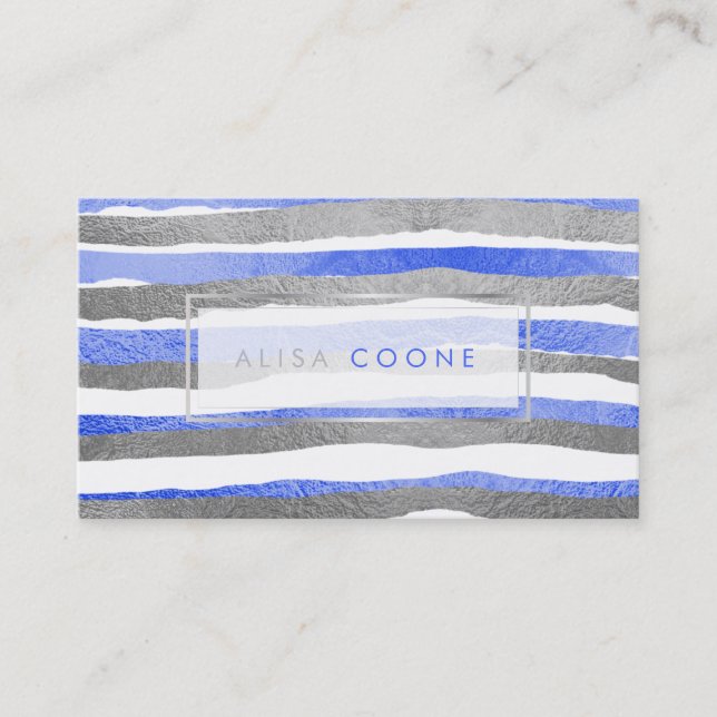 PixDezines faux silver+blue foil stripes Business Card (Front)
