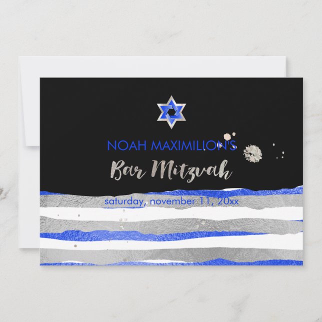 PixDezines faux silver/blue/stripes bar mitzvah Invitation (Front)