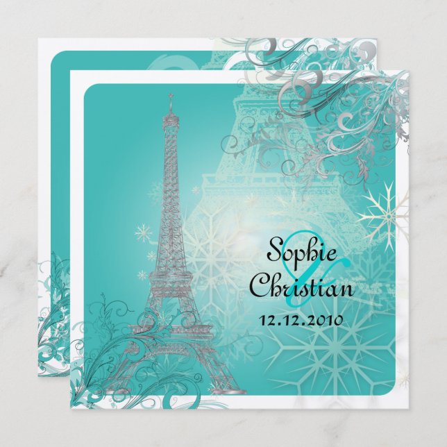 PixDezines Faux Silver Eiffel Tower/Teal Invitation (Front/Back)