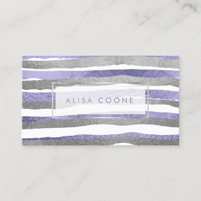 PixDezines faux silver+purple foil stripes Business Card (Front)