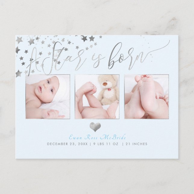PixDezines Faux Silver Stars/Birth Announce Announcement Postcard (Front)
