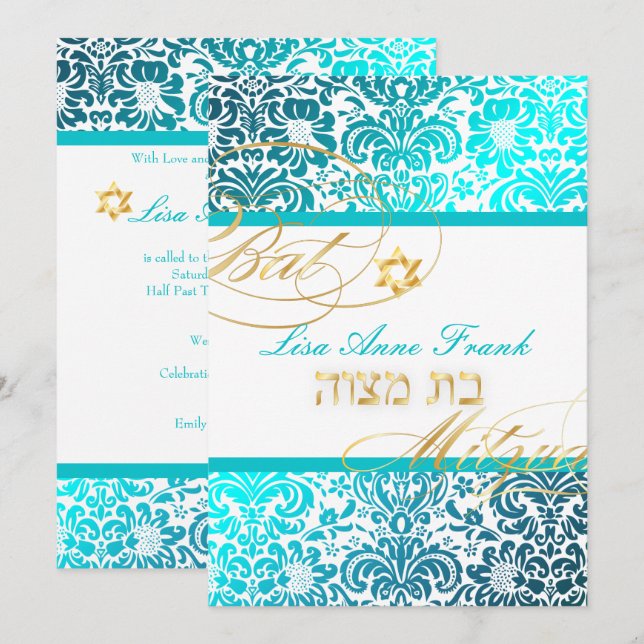 PixDezines FIDORA DAMASK BAT MITZVAH, TURQUOISE Invitation (Front/Back)