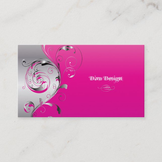 PixDezines Filigree+swirls/silver+hot pink Business Card (Front)