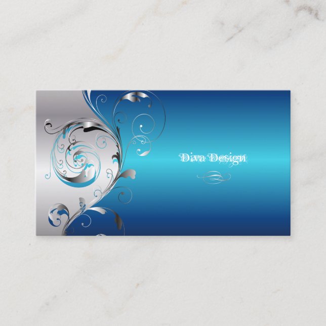 PixDezines Filigree+swirls/silver+metallic blue Business Card (Front)