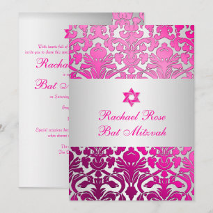 PixDezines Flora Damask Bat Mitzvah/Pink/Silver Invitation