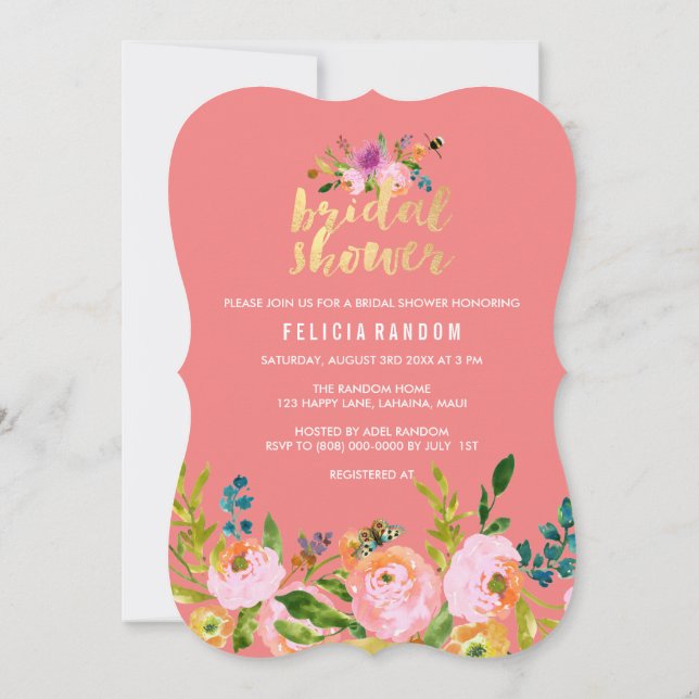 PixDezines floral bridal shower/DIY coral bckgrnd Invitation (Back)