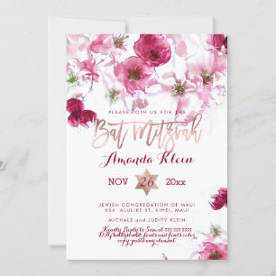 PixDezines Floral Watercolor Bat Mitzvah Invitation