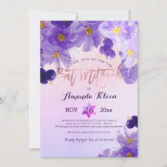 PixDezines Floral Watercolor Bat Mitzvah Invitation (Front)