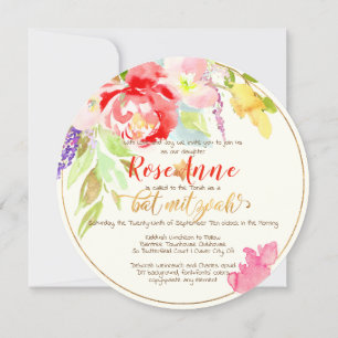 PixDezines Floral Watercolor Bat Mitzvah, Peonies Invitation