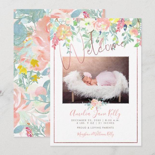 PixDezines Floral Watercolor Birth Announcement (Front/Back)