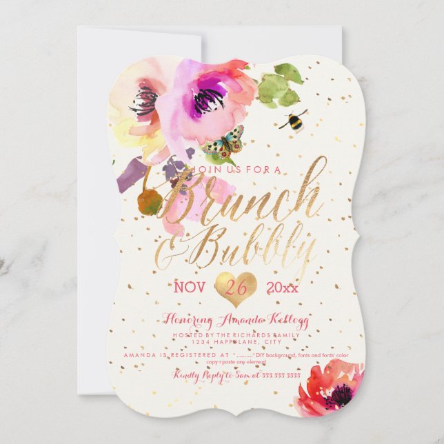 PixDezines Floral Watercolor Brunch+Bubbly Invitation (Front)