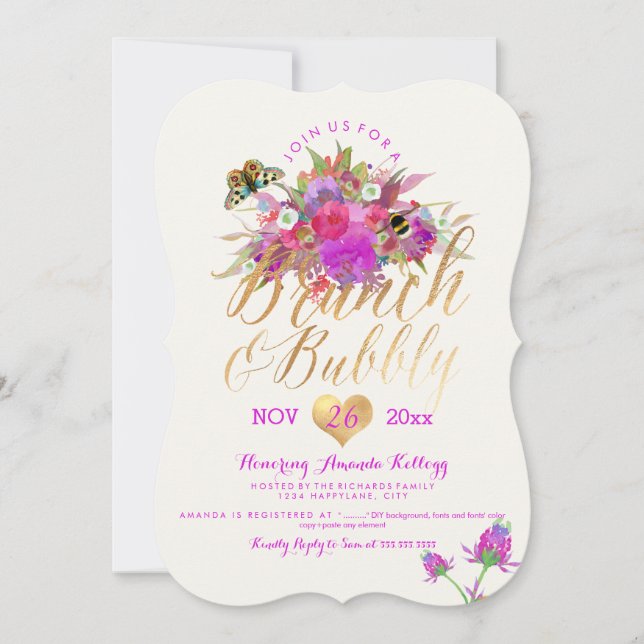 PixDezines Floral Watercolor Brunch+Bubbly Invitation (Front)