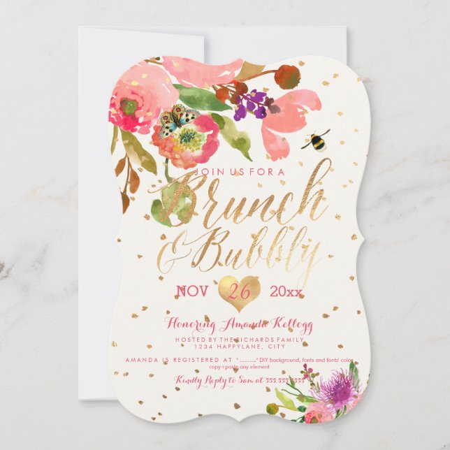 PixDezines Floral Watercolor Brunch+Bubbly Invitation (Front)