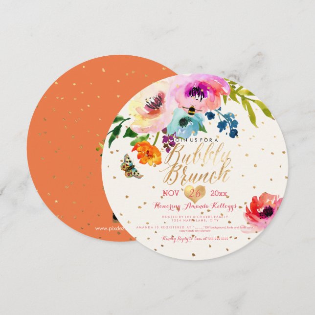 PixDezines Floral Watercolor Brunch+Bubbly Invitation (Front/Back)