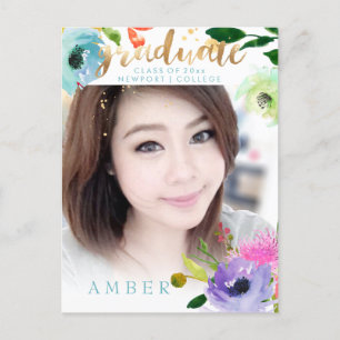 PixDezines Floral Watercolor Graduate photo Announcement Postcard