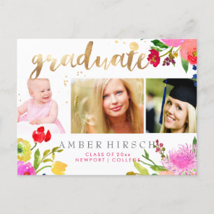 PixDezines Floral Watercolor Graduate photos Announcement Postcard