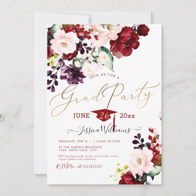 PixDezines Floral Watercolor Graduation Party Invi Invitation (Front)