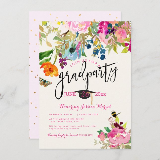 PixDezines Floral Watercolor Graduation Party Invitation (Front/Back)
