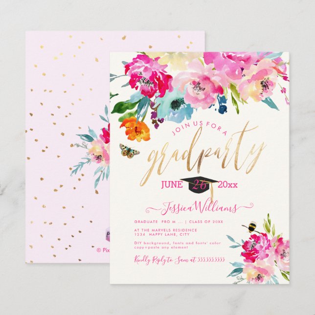 PixDezines Floral Watercolor Graduation Party Invitation (Front/Back)
