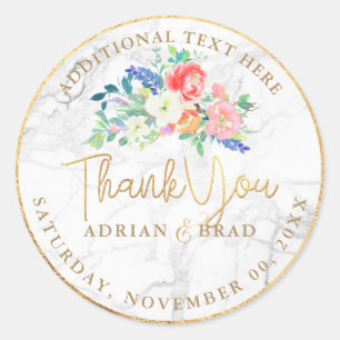 PixDezines Floral Watercolor Marble+Faux Gold Classic Round Sticker