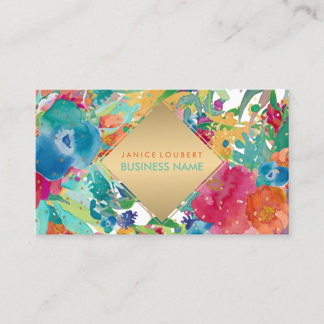 PixDezines Floral Watercolor/Pansies/Gold Specks Business Card (Front)