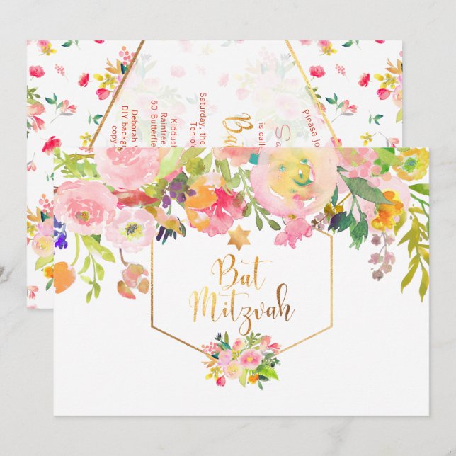 PixDezines Floral Watercolor/Peonies/Bat Mitzvah Invitation (Front/Back)