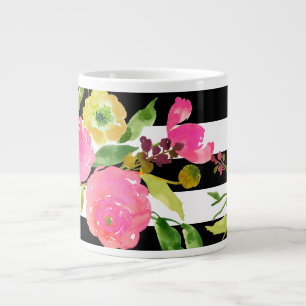 PixDezines floral/watercolor/ranunculus/stripes Large Coffee Mug