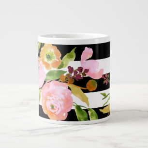 PixDezines floral/watercolor/ranunculus/stripes Large Coffee Mug