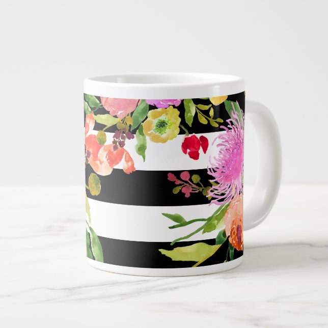 PixDezines floral/watercolor/ranunculus/stripes Large Coffee Mug (Front Right)