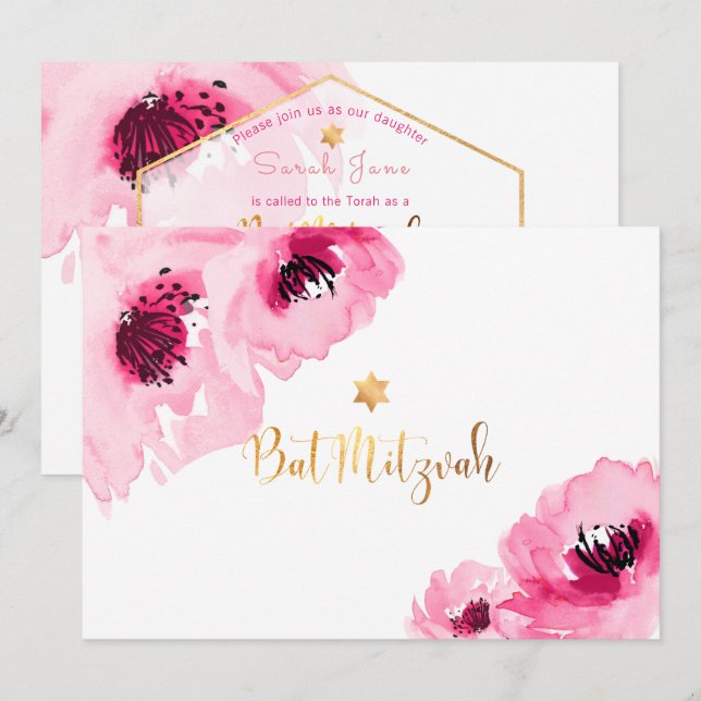 PixDezines Floral Watercolor/Roses/Bat Mitzvah Invitation (Front/Back)