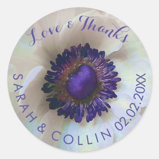 PixDezines floral/white anemones/purple Classic Round Sticker (Front)