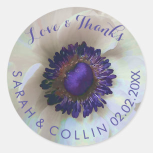 PixDezines floral/white anemones/purple Classic Round Sticker