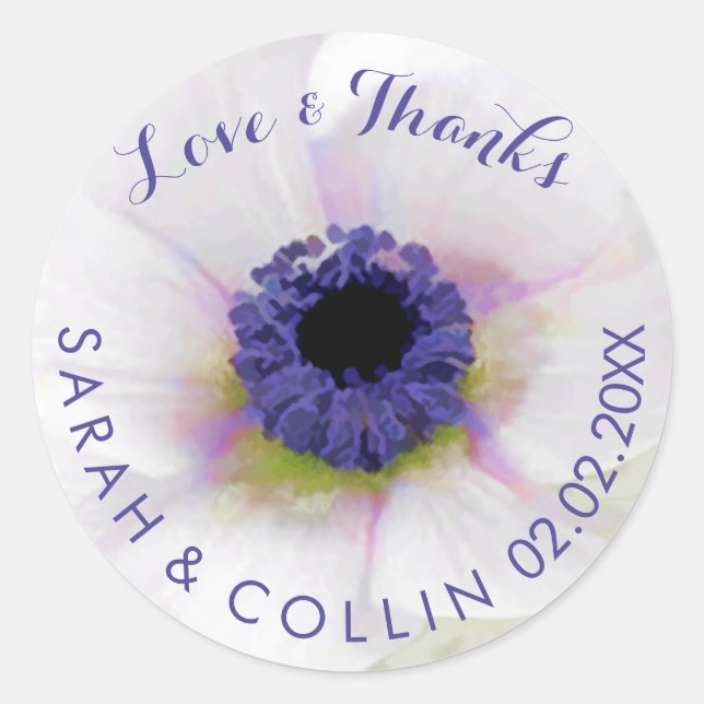 PixDezines floral/white anemones/purple Classic Round Sticker (Front)