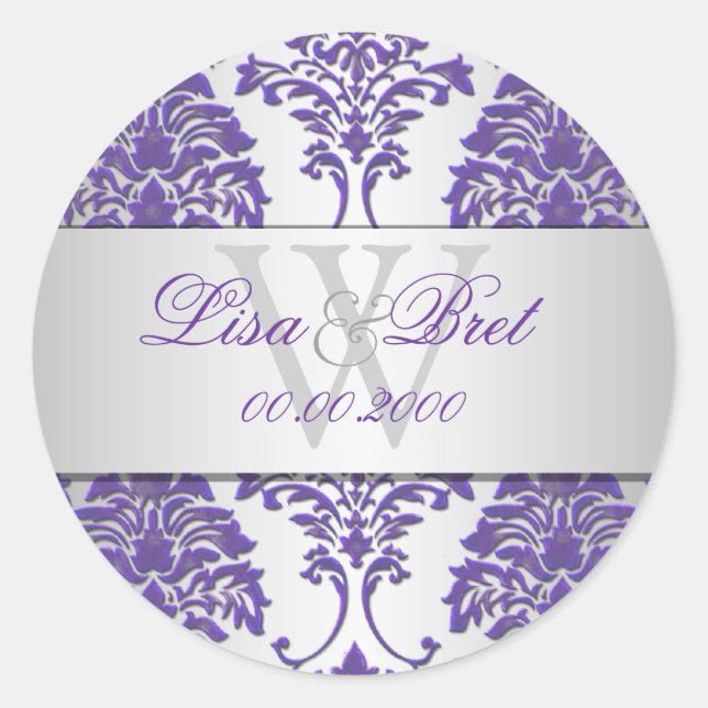 PixDezines florentius damask/purple+silver Classic Round Sticker (Front)