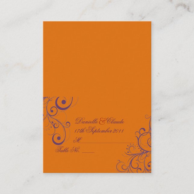 PixDezines Flourish Swirls tent place cards/Orange Card (Front)