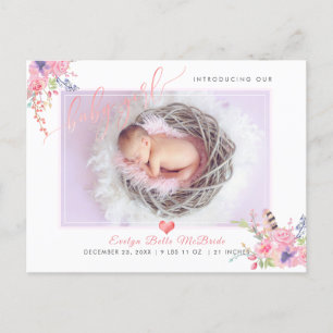 PixDezines Flowers+Baby Girl, Faux Foil Script Announcement Postcard