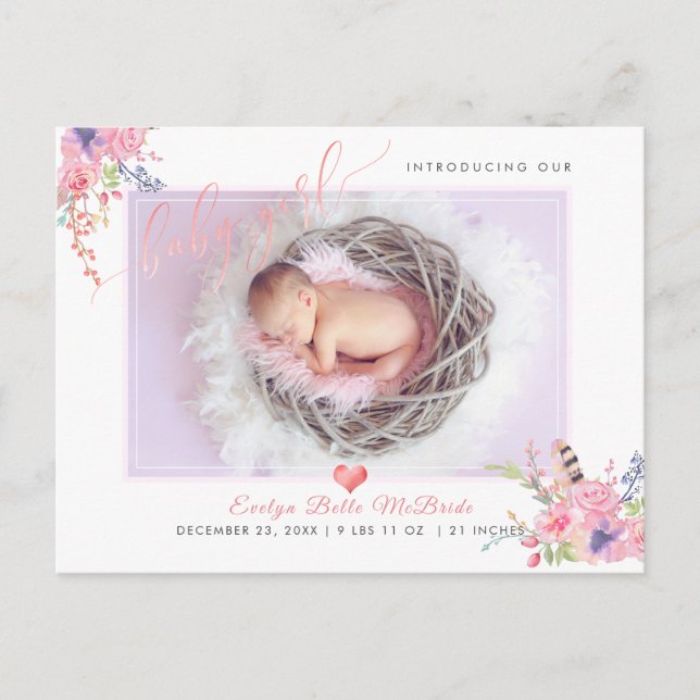 PixDezines Flowers+Baby Girl, Faux Foil Script Announcement Postcard (Front)