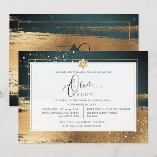 PixDezines FOREST GREEN GOLD BRUSHSTROKE Mitzvah Invitation
