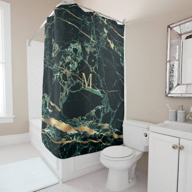 PixDezines FOREST GREEN MARBLE+FAUX GOLD VEINS Shower Curtain (In Situ)