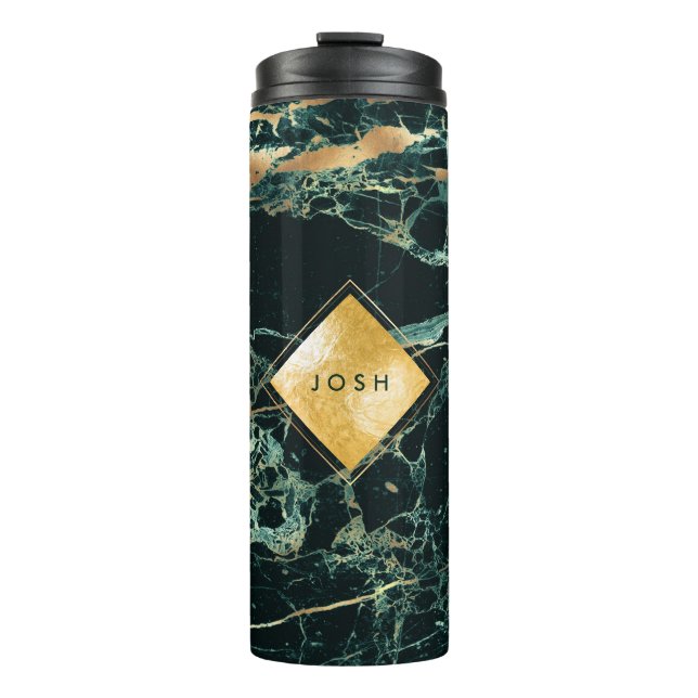 PixDezines FOREST GREEN MARBLE FAUX GOLD VEINS Thermal Tumbler (Front)
