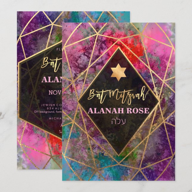 PixDezines Galaxy Abstract Geometric Bat Mitzvah Invitation (Front/Back)
