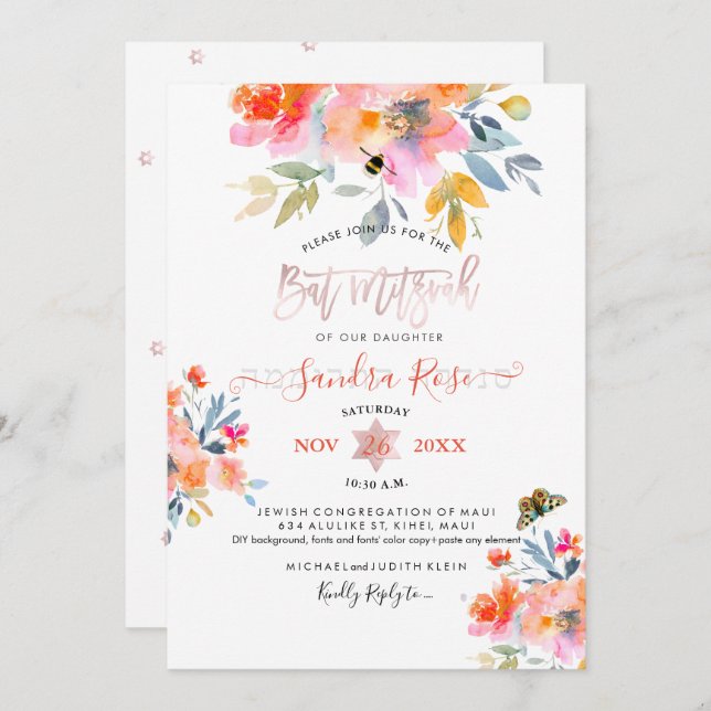 PixDezines Garden Roses Watercolor Bat Mitzvah Invitation (Front/Back)